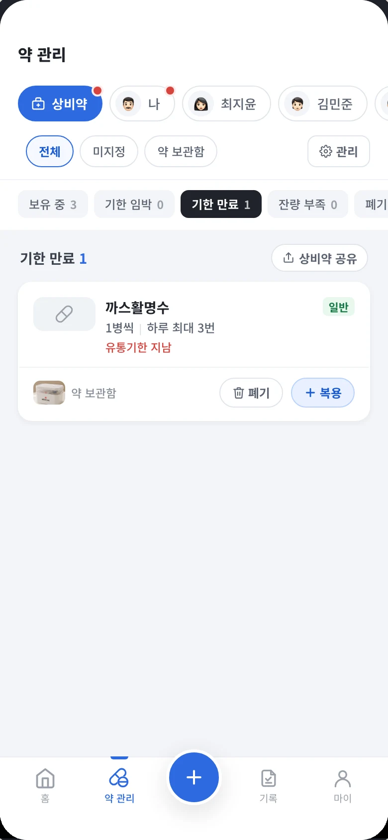 상비약 목록에서 기한 만료 필터를 선택한 화면. 유통기한이 지난 까스활명수가 남은 양과 함께 표시된다.