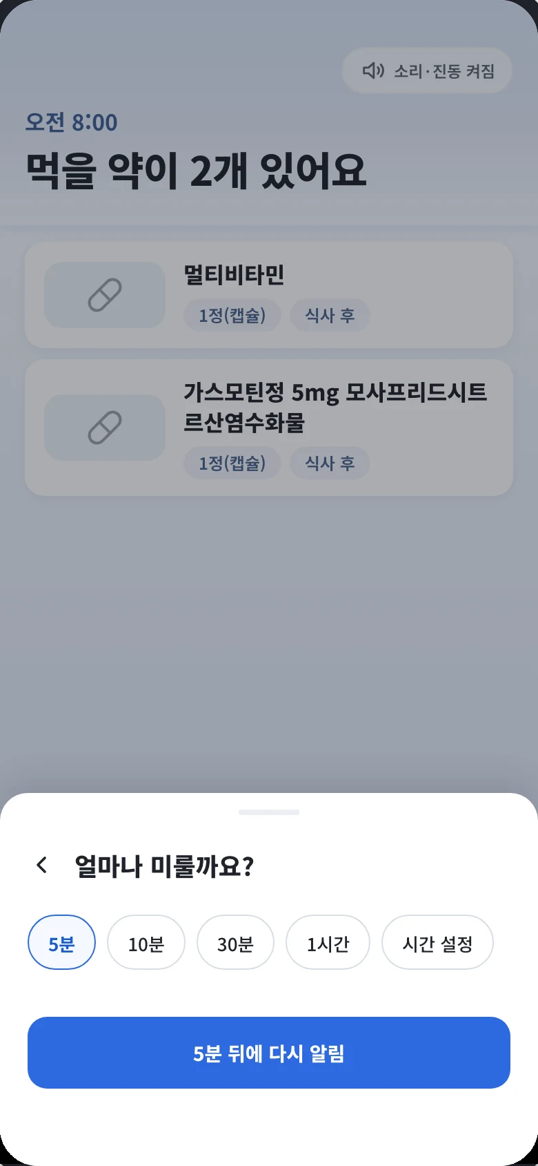 잠시 미루기를 누른 화면. 얼마나 미룰까요? 시트에서 5분·10분·30분·1시간·시간 설정 중 5분이 선택되어 있다.