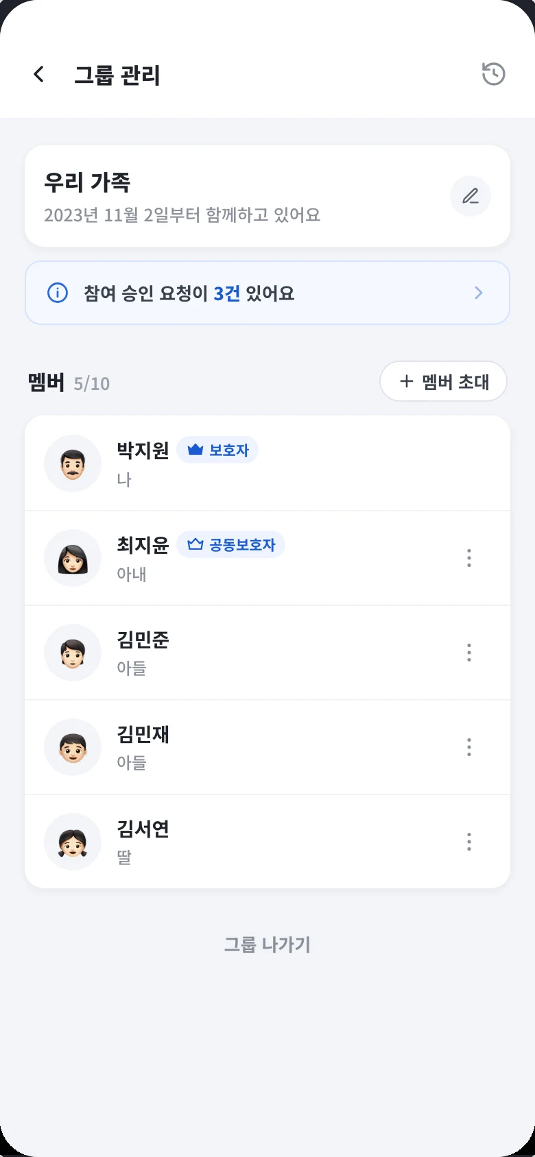 그룹 관리 화면. 그룹 이름과 참여 승인 요청 안내가 있고, 함께 관리하는 멤버 5명이 보호자·공동보호자 역할과 관계와 함께 나열되어 있다.