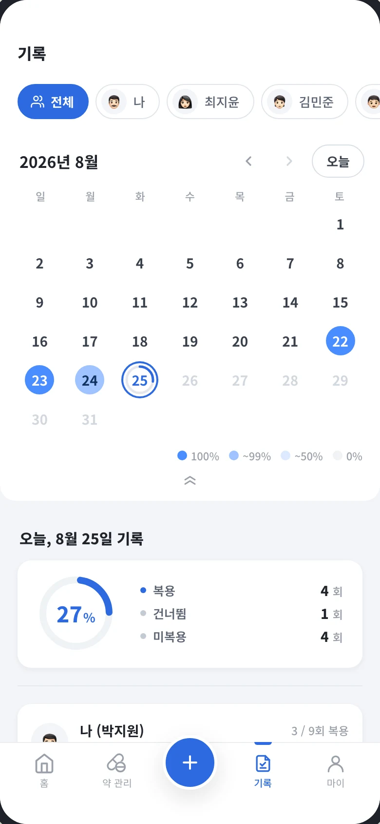 기록 화면. 캘린더와 날짜별 복약 기록, 복약률이 표시된다.
